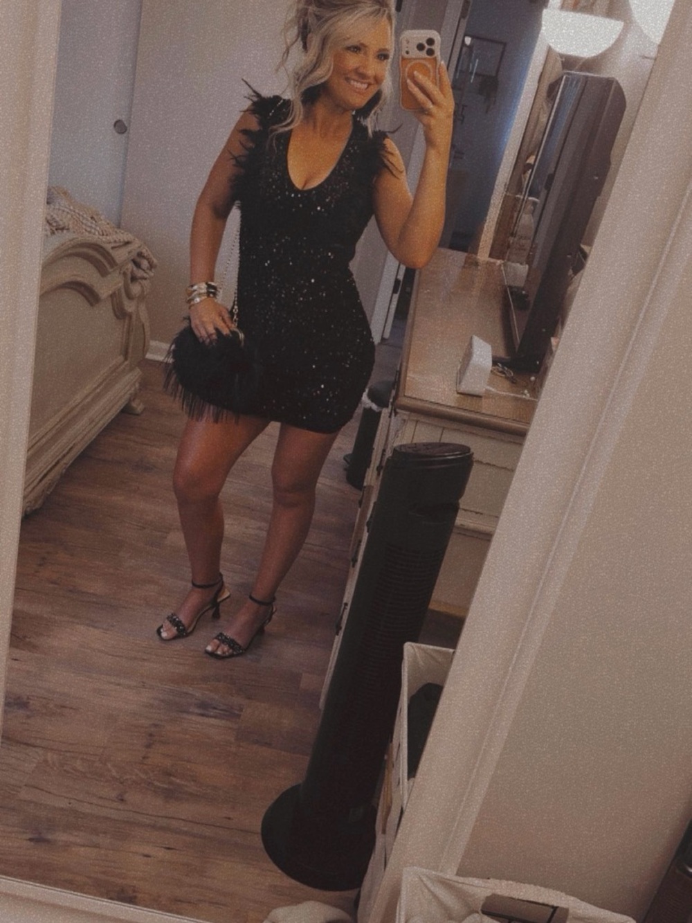 SHEIN Black Sequin Feather-Trim Mini Dress